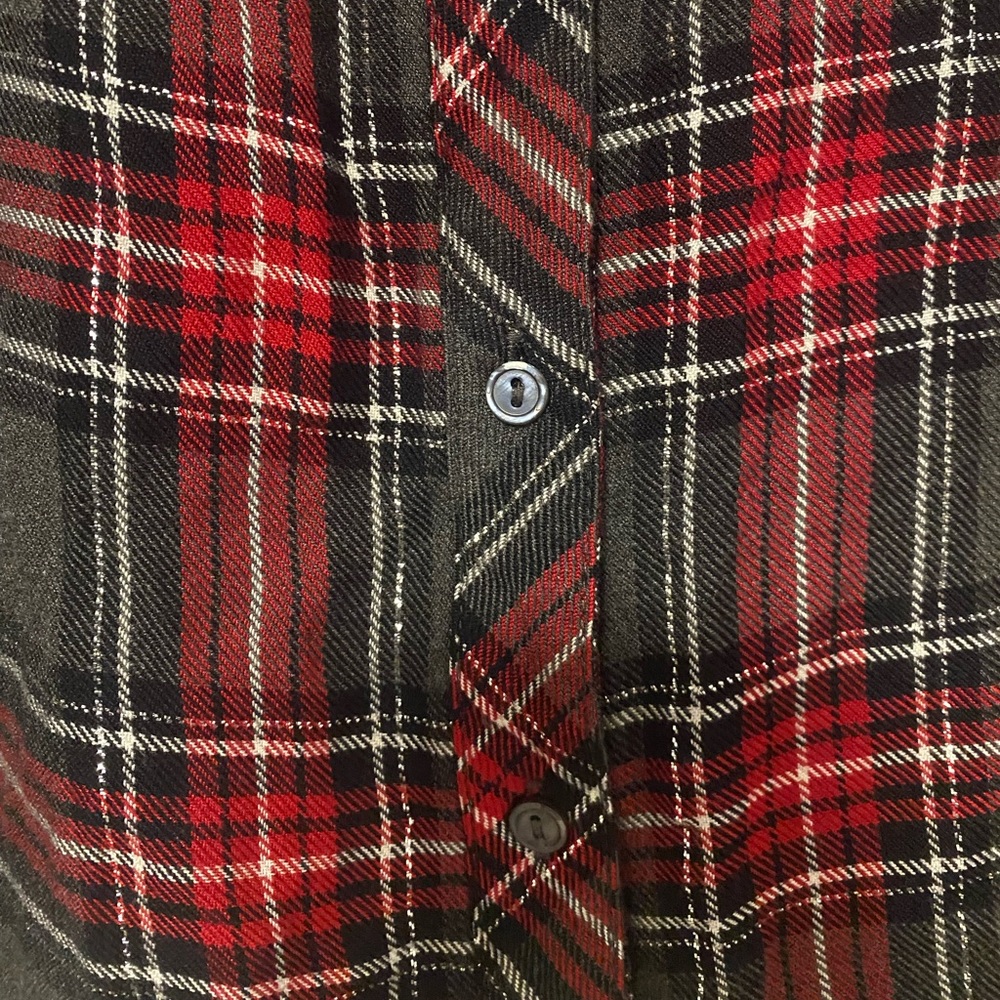 Intro Long Sleeve Button Up Plaid Flannel Top Red Gray Metallic Silver 3X - Picture 2 of 6